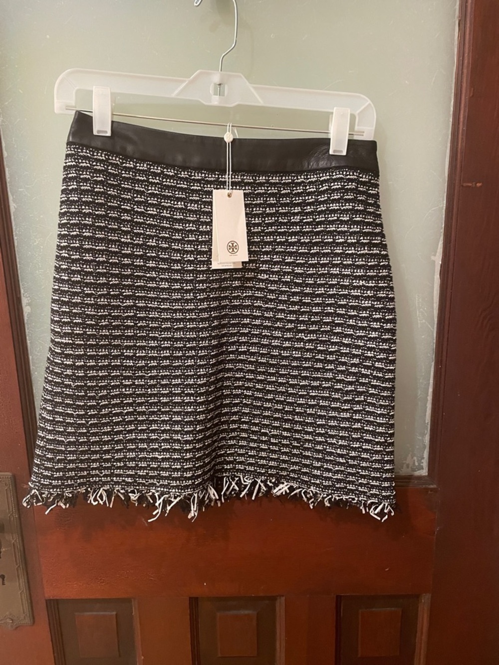 Tory Burch Black and White Tweed Fringe Mini Skirt